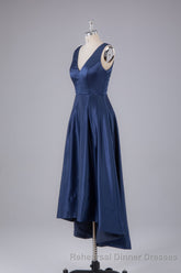 A Line Semi Formal Prom Satin V Neck High-Low Semi Formal Prom Dress